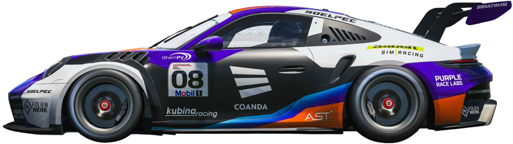 Porsche 992 GT3 Cup mit der Startnummer 08 im Design von Coanda, Kubina Racing und Purple Race Labs